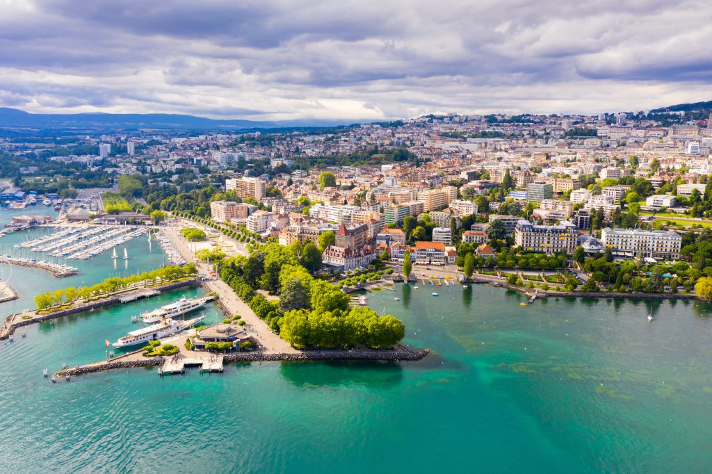 Aerial view of Lausanne and Lake Geneva