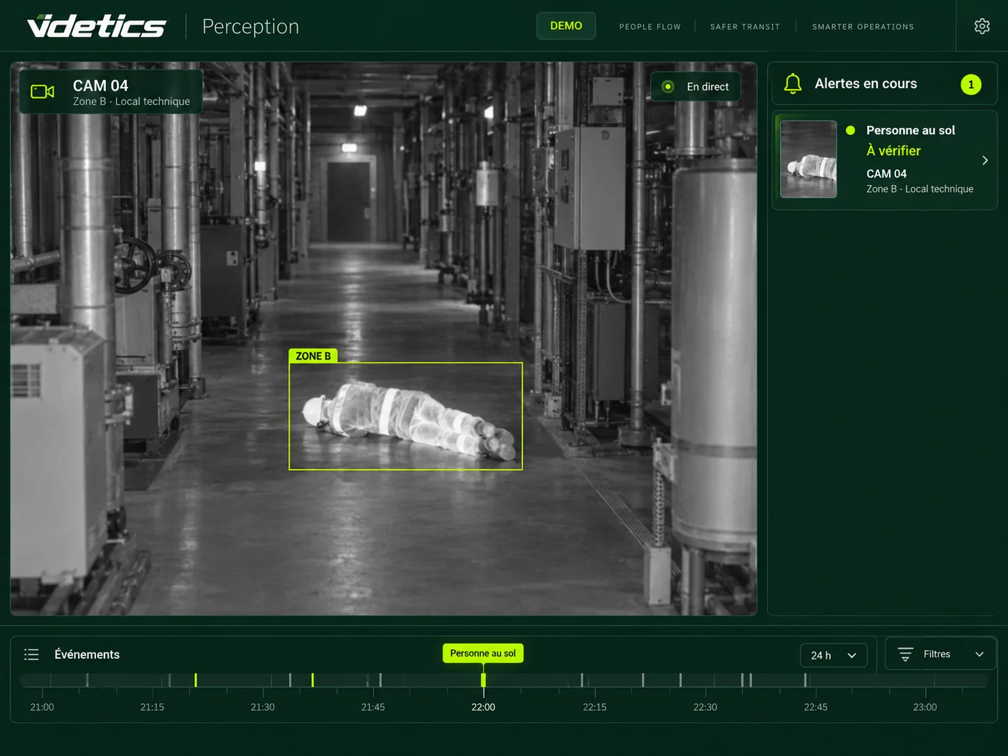 Illustration Videtics Perception en caméra thermique : signalement d’une personne au sol dans un local technique industriel