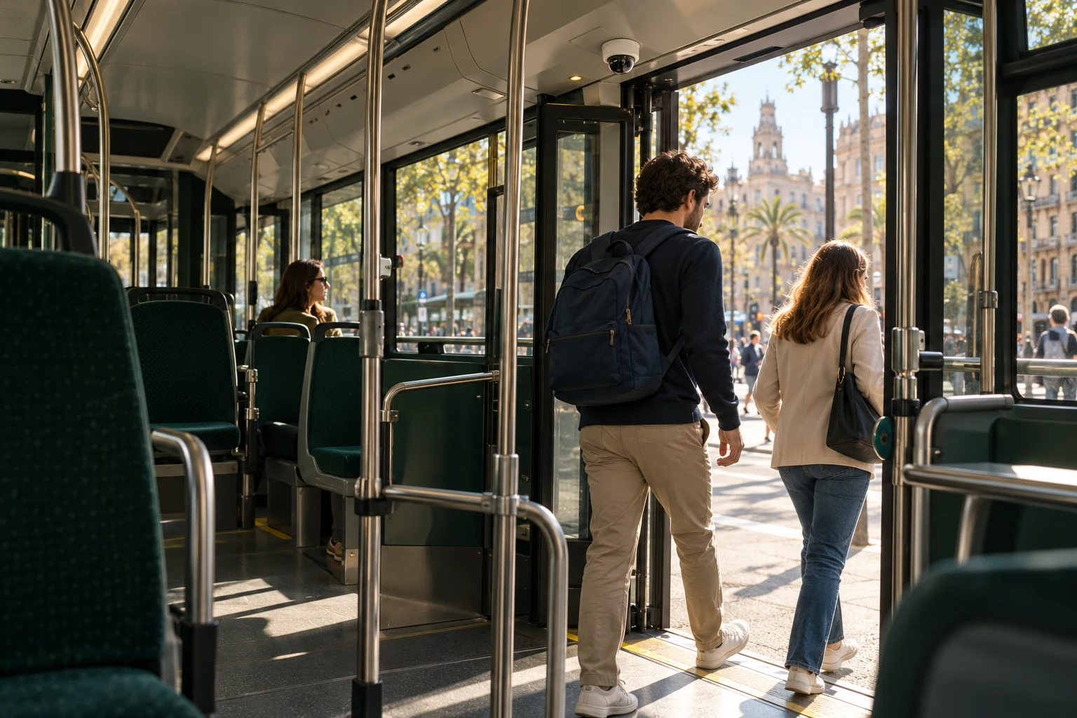 Ilustración de viajeros en la puerta de un autobús, con una cámara domo junto a la puerta.