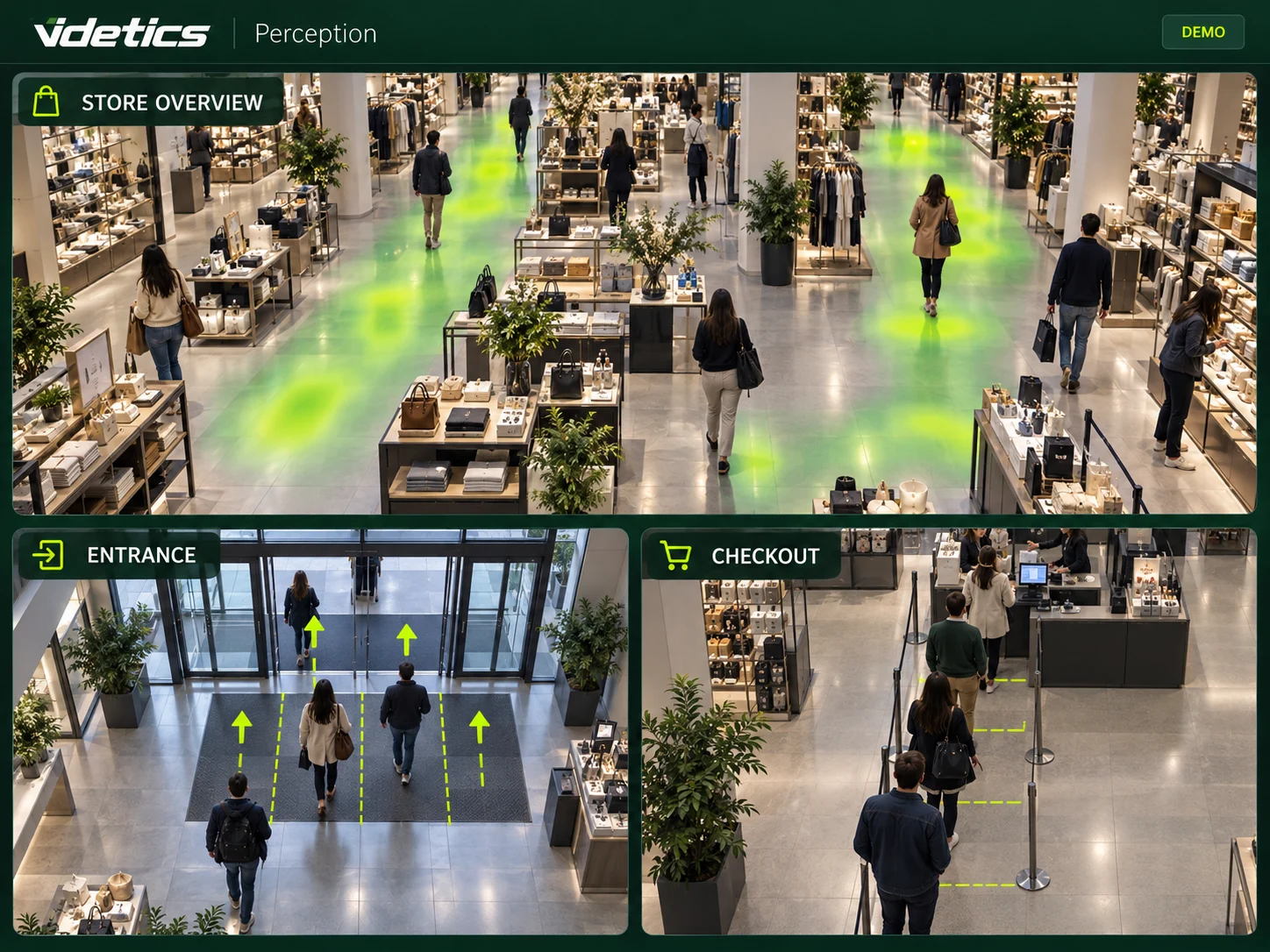 Démonstration Videtics Perception dans un grand magasin : carte de chaleur, comptage et file en caisse.