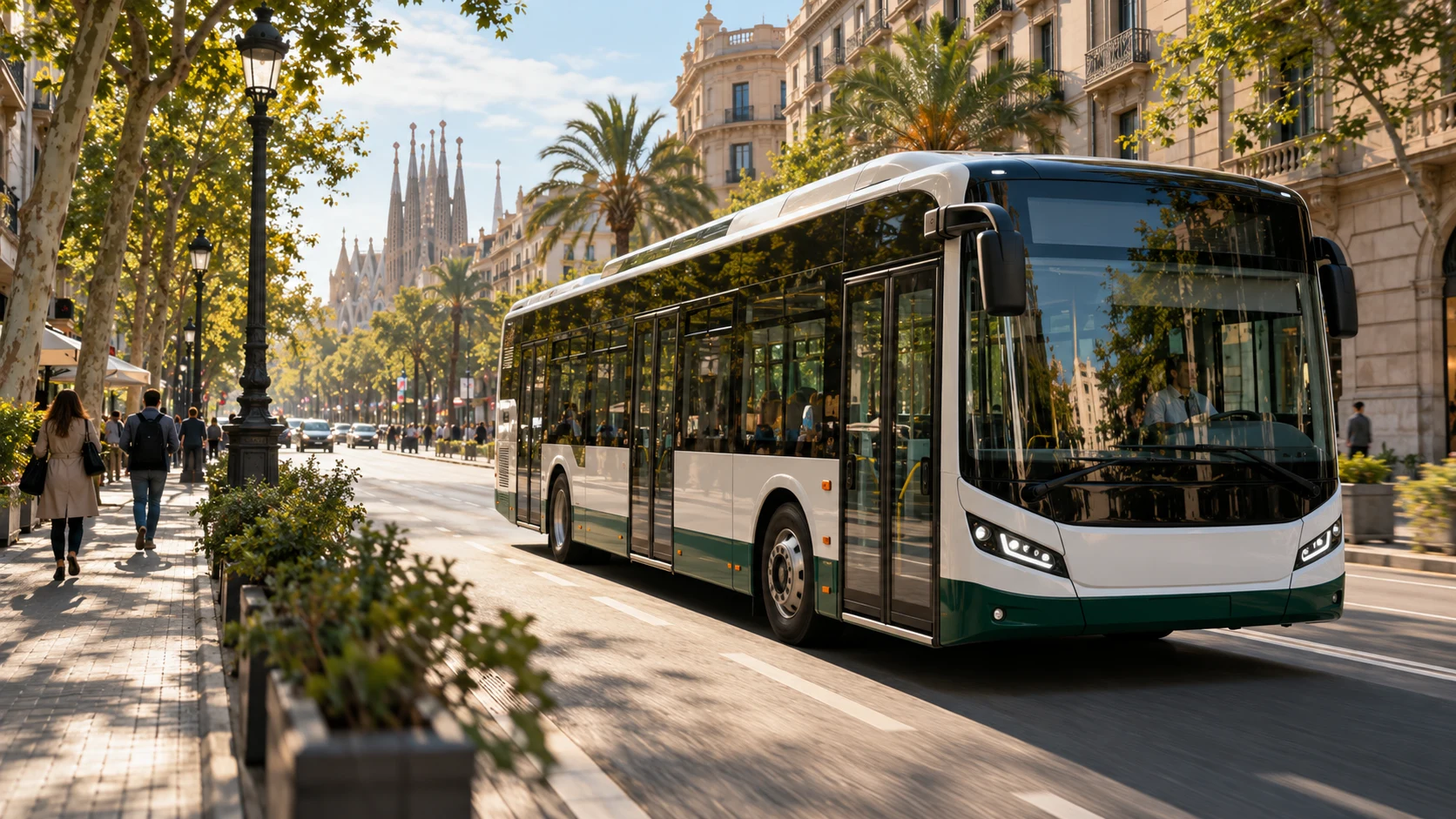 Ilustración de un autobús urbano en una avenida inspirada en Barcelona, en el corazón de la movilidad conectada.